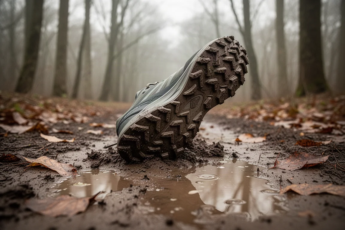 Zapatilla de trail running en un camino forestal embarrado con tiempo frío