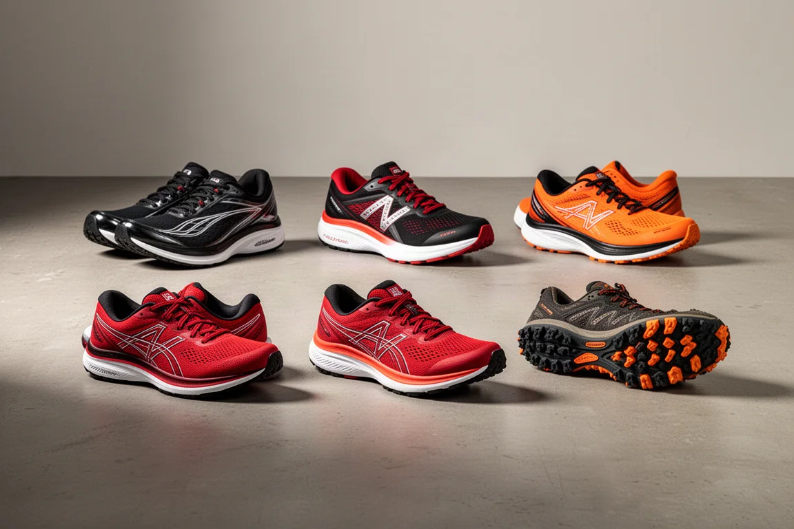 Six running shoes arranged in two rows on a concrete studio floor