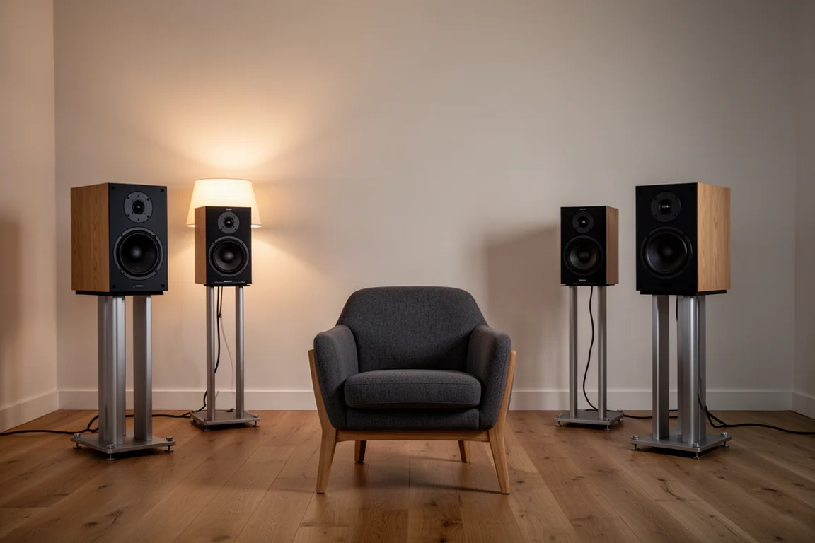 Diffusori da stand compatti su supporti in una sala d'ascolto dalla luce soffusa