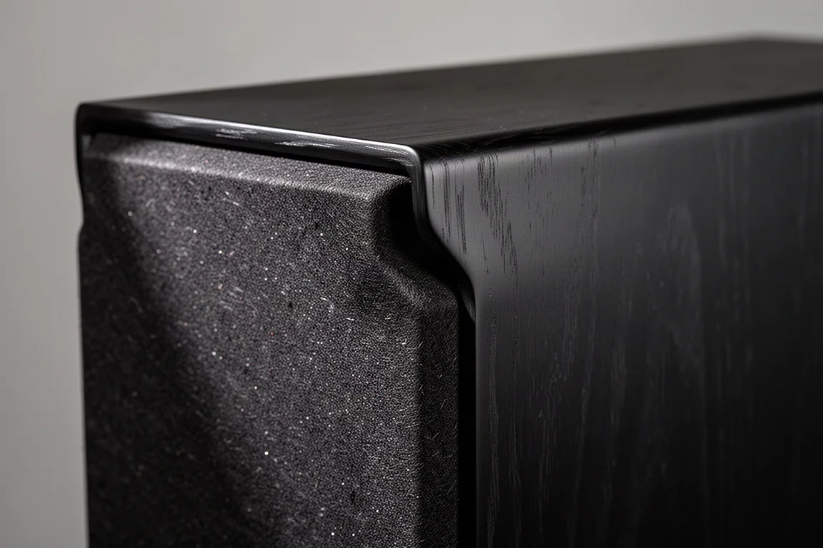 Primo piano del bordo a gradini del baffle e del cabinet in fibra di legno texturizzata