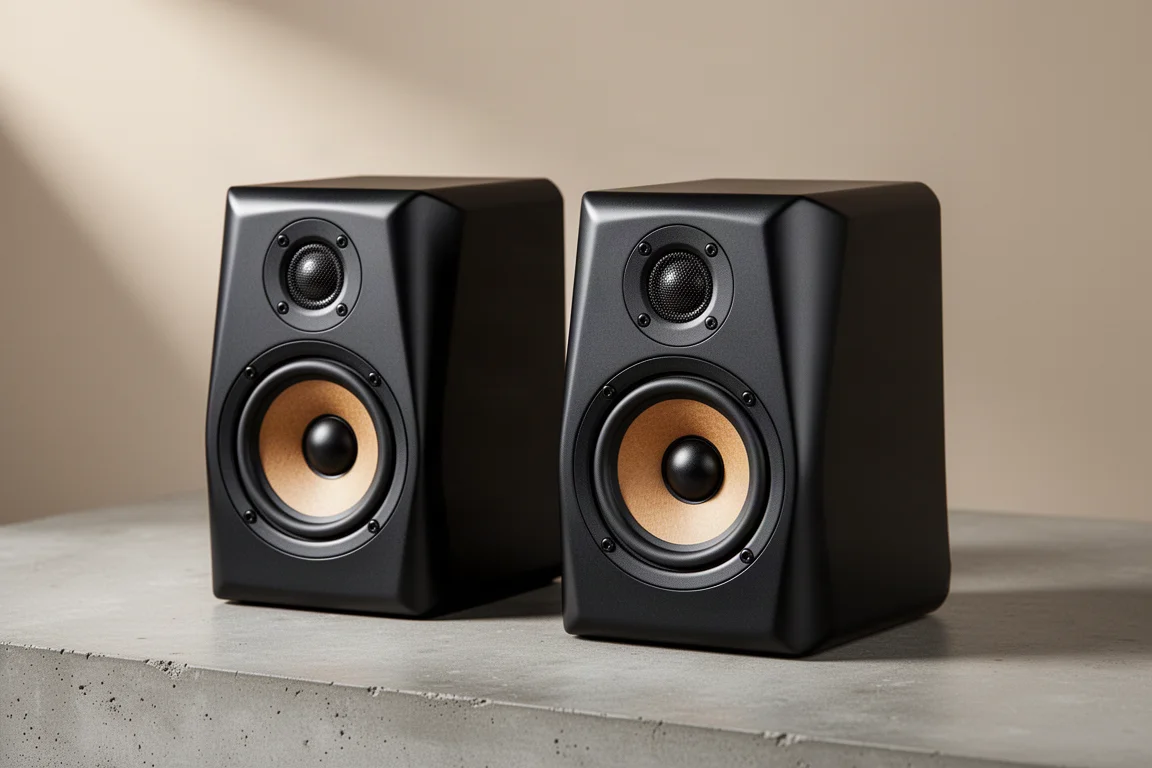 Pair of satin black stand-mount hi-fi speakers with stepped baffles on a concrete surface