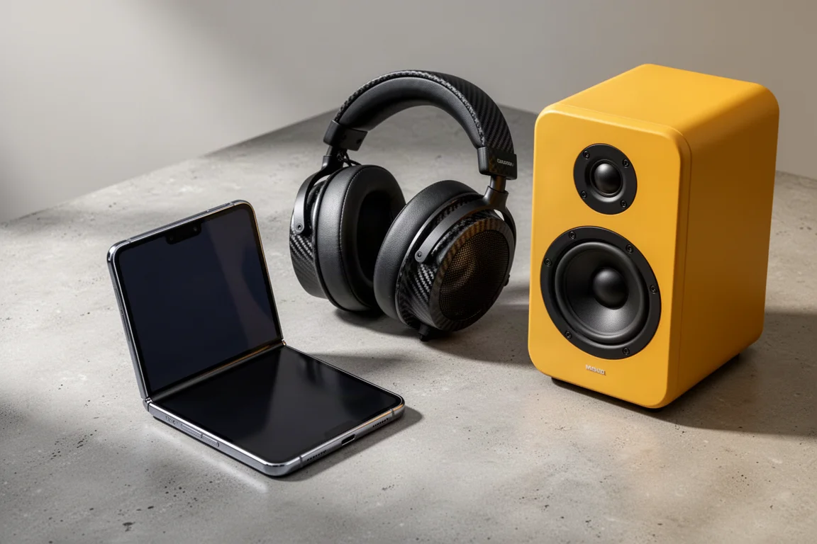 Foldable phone, open-back headphones and compact yellow speaker arranged on concrete