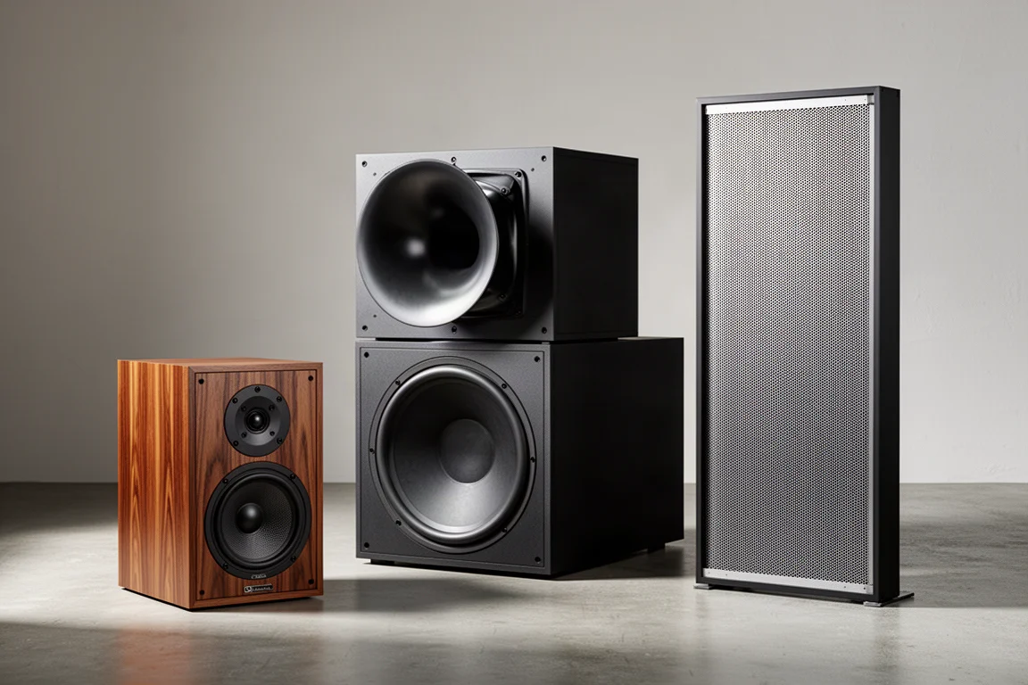 Three different loudspeakers on a concrete surface in soft studio light