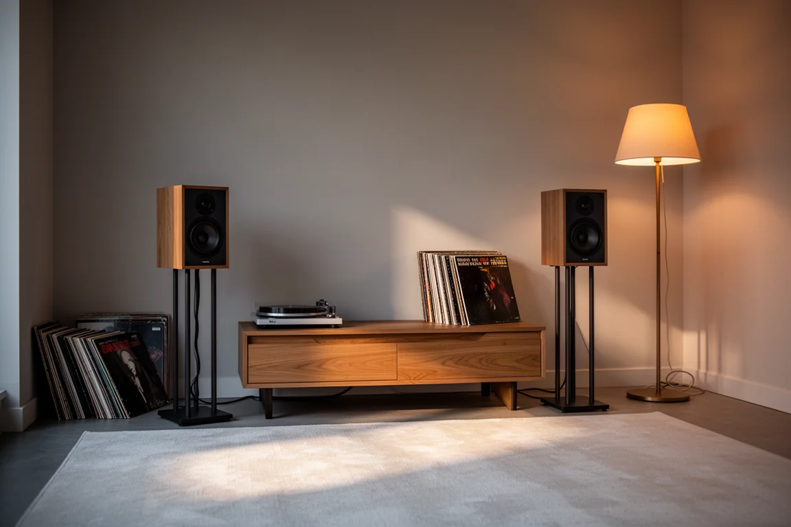 Warm living room listening corner with speakers on stands and vinyl records