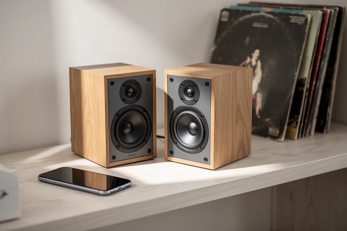Compact desktop stereo setup with small speakers and a smartphone in daylight