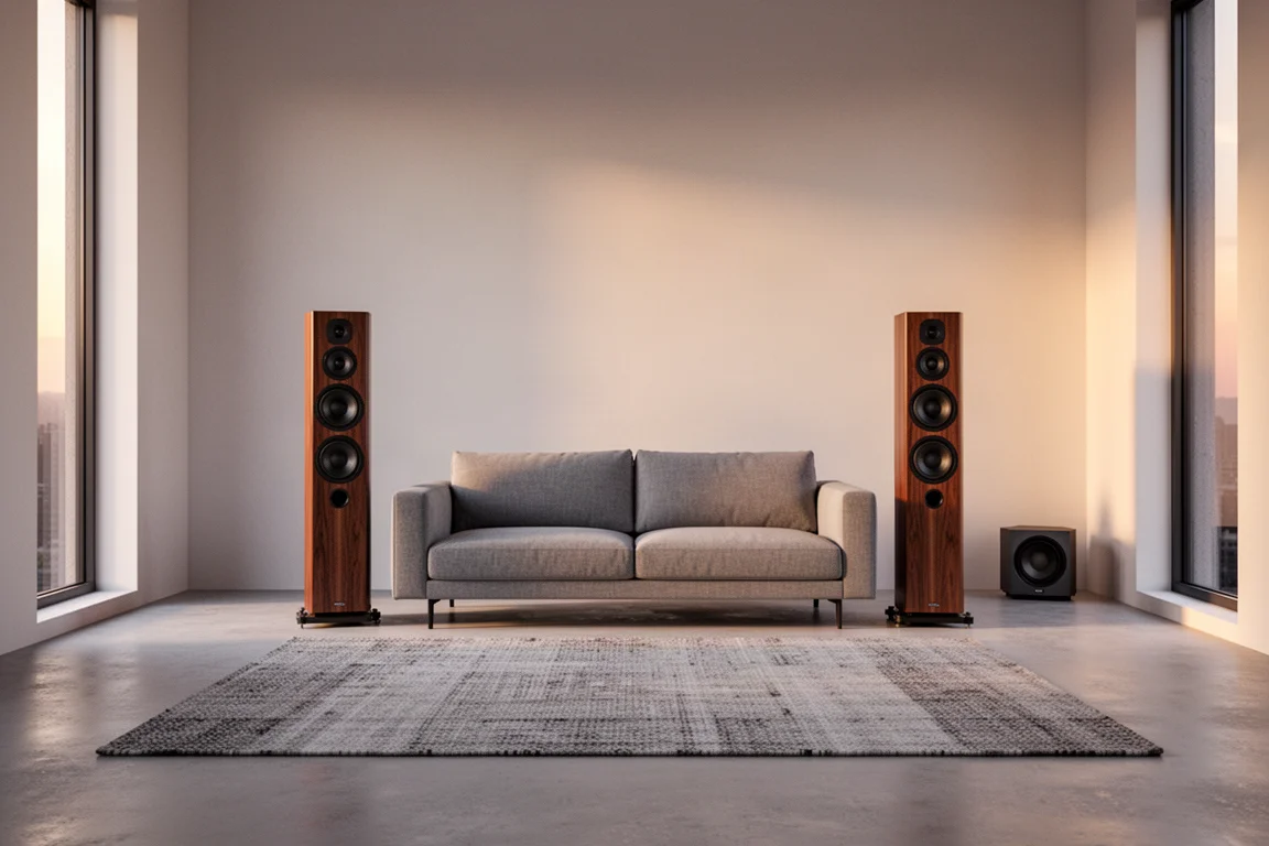 Floorstanding tower speakers in a living room with sofa and warm evening light