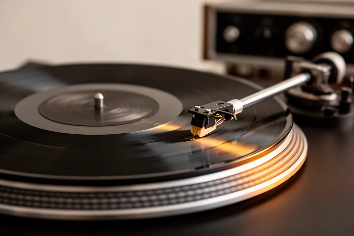 Close-up of a turntable platter spinning a vinyl record in warm light
