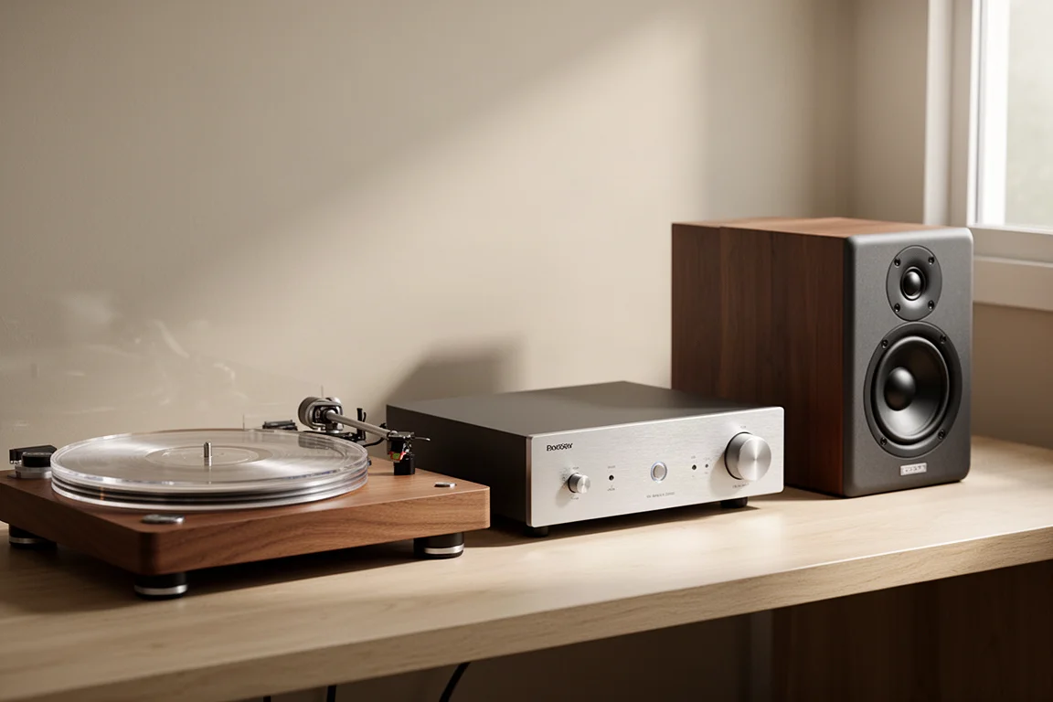 Turntable, integrated amplifier and bookshelf speakers arranged on a pale oak surface