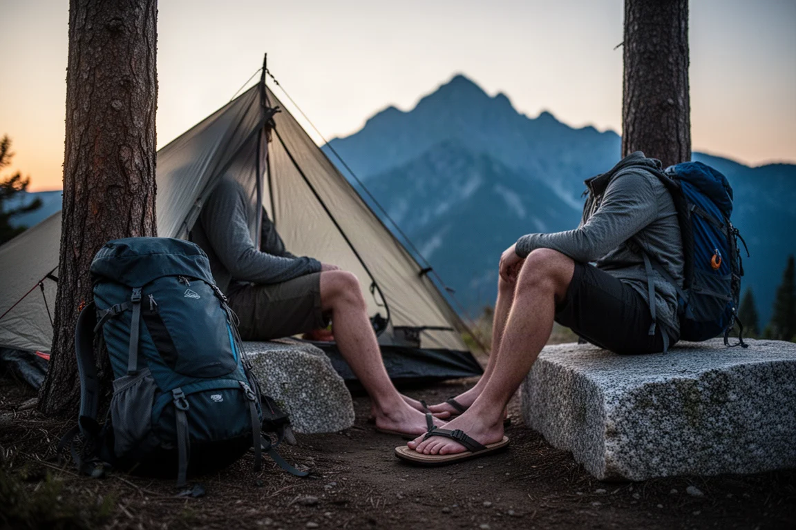 Mochilero al atardecer junto a una tienda con los pies descalzos descansando sobre sandalias de campamento