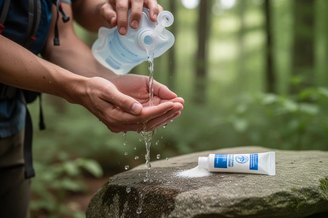 Excursionista lavándose las manos con agua de una botella junto a jabón en polvo en el bosque