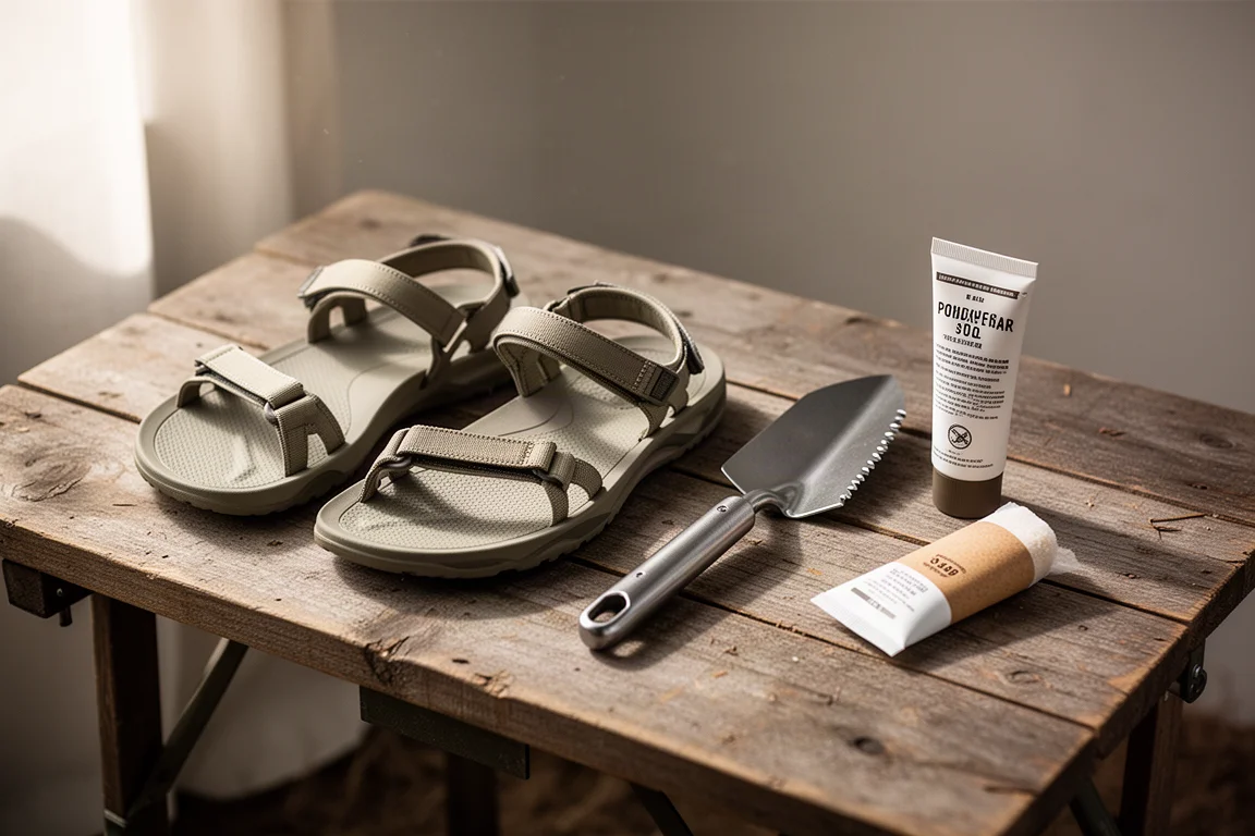 Ultralight sandals, trowel, and powdered soap arranged on a wooden camp table