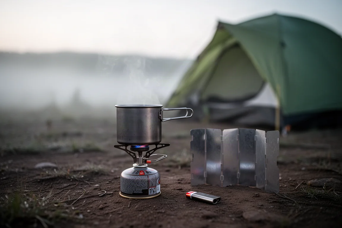 Small titanium pot steaming on an ultralight canister stove at an early morning campsite