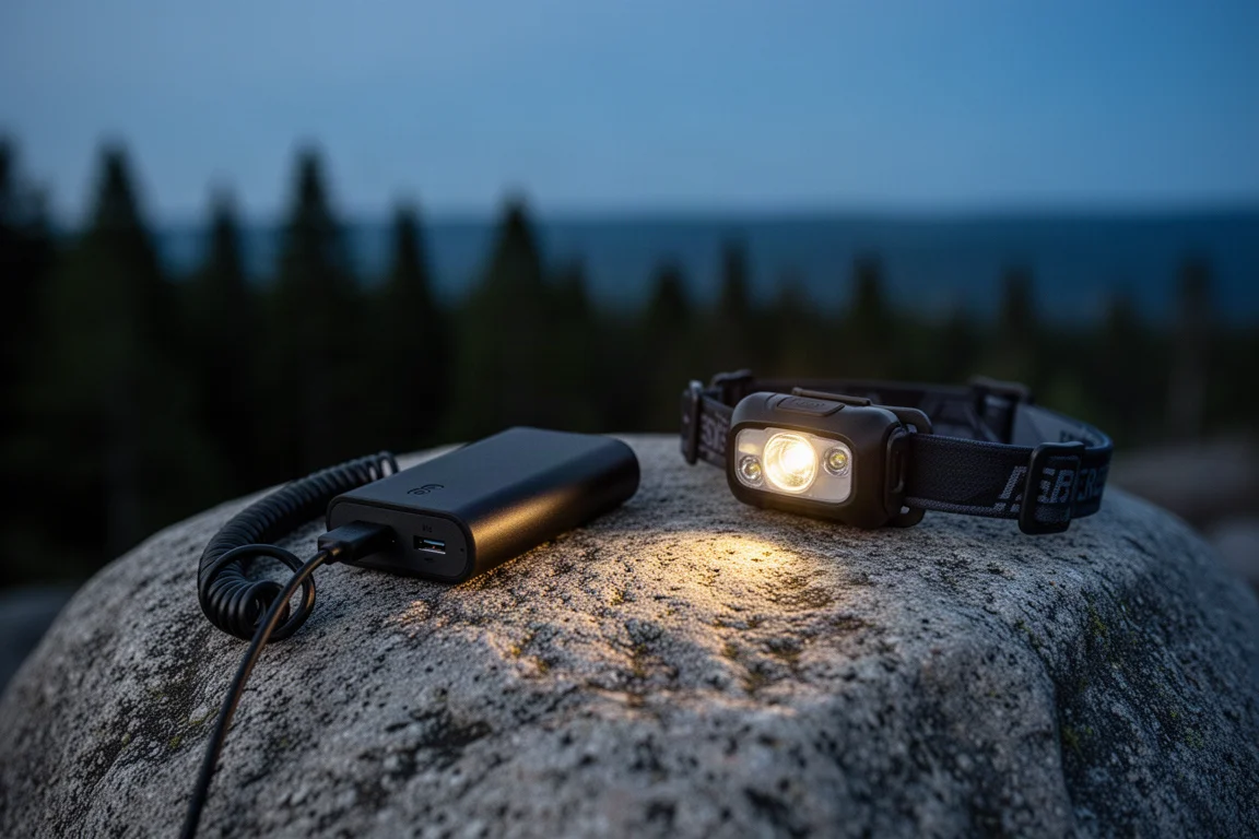 Power bank with a short coiled cable plugged in on a granite boulder at dusk