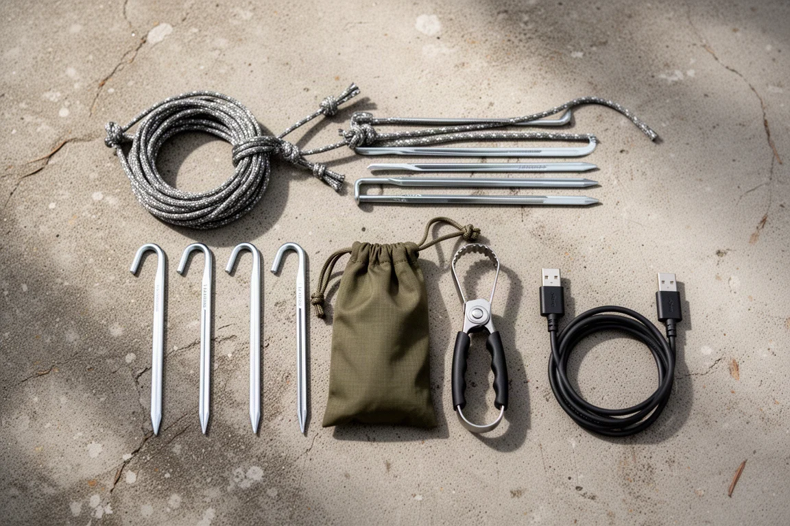 Overhead flat lay of guy line, tent stakes, a small sack, a pot gripper and a cable on concrete