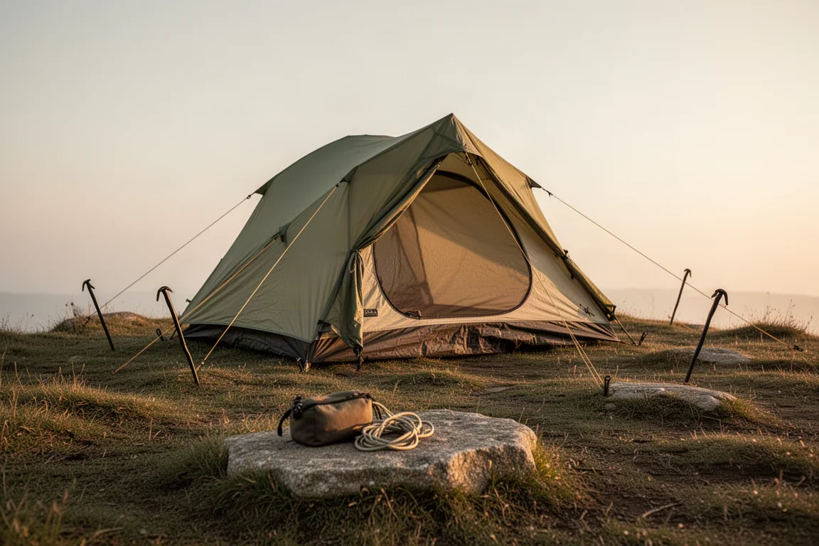 Lightweight tent pitched on a grassy ridge at golden hour with taut guy lines and stakes