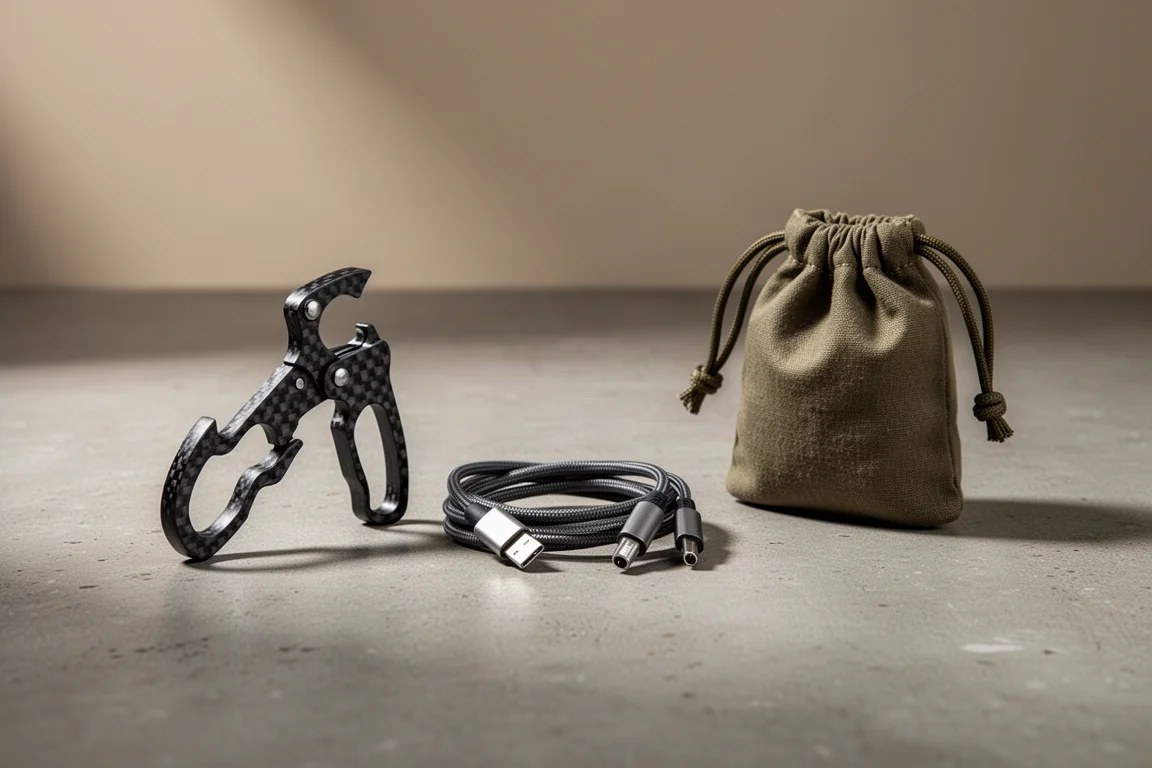 Carbon pot gripper, coiled charging cable, and small fabric stake sack arranged on concrete