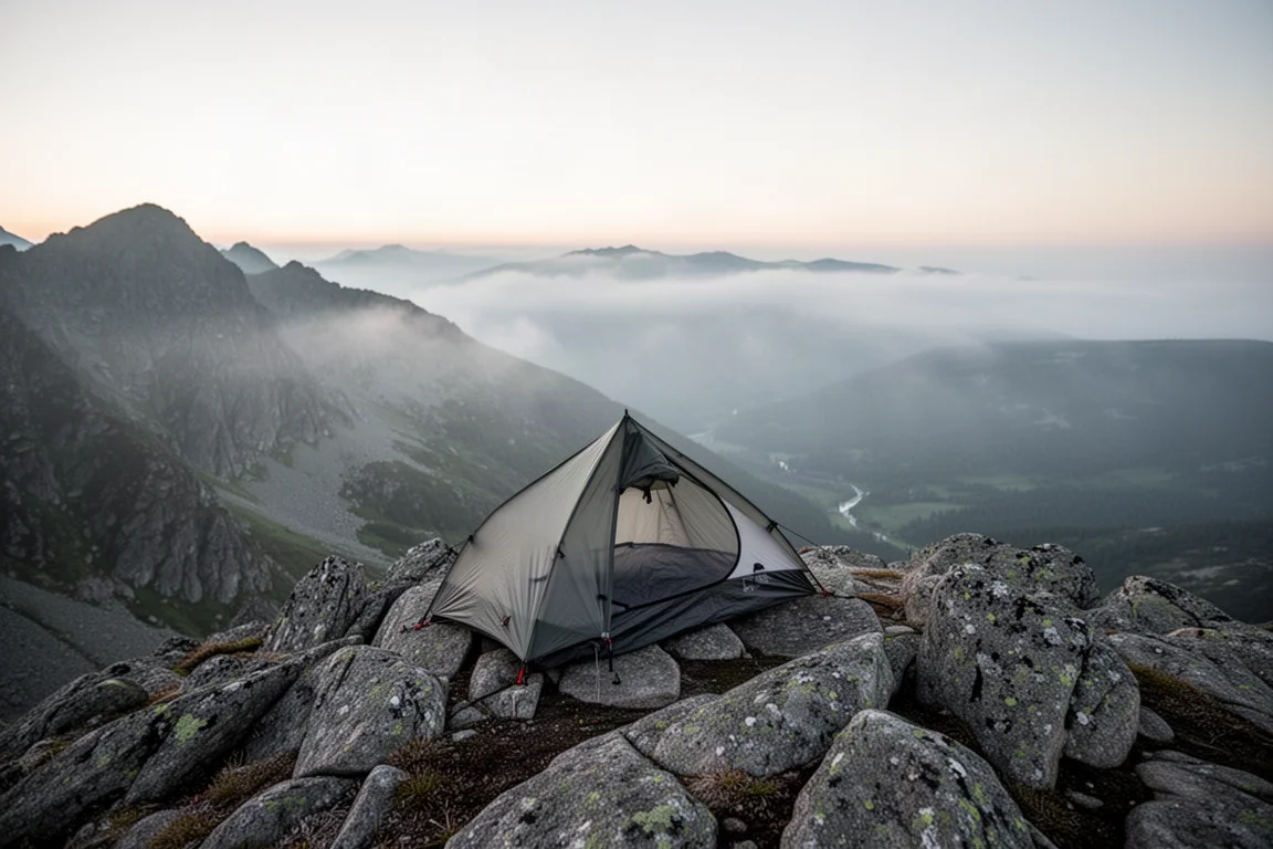Biwaksack, der bei Sonnenaufgang auf einem felsigen Gipfel aufgeschlagen ist, mit Nebel im Tal