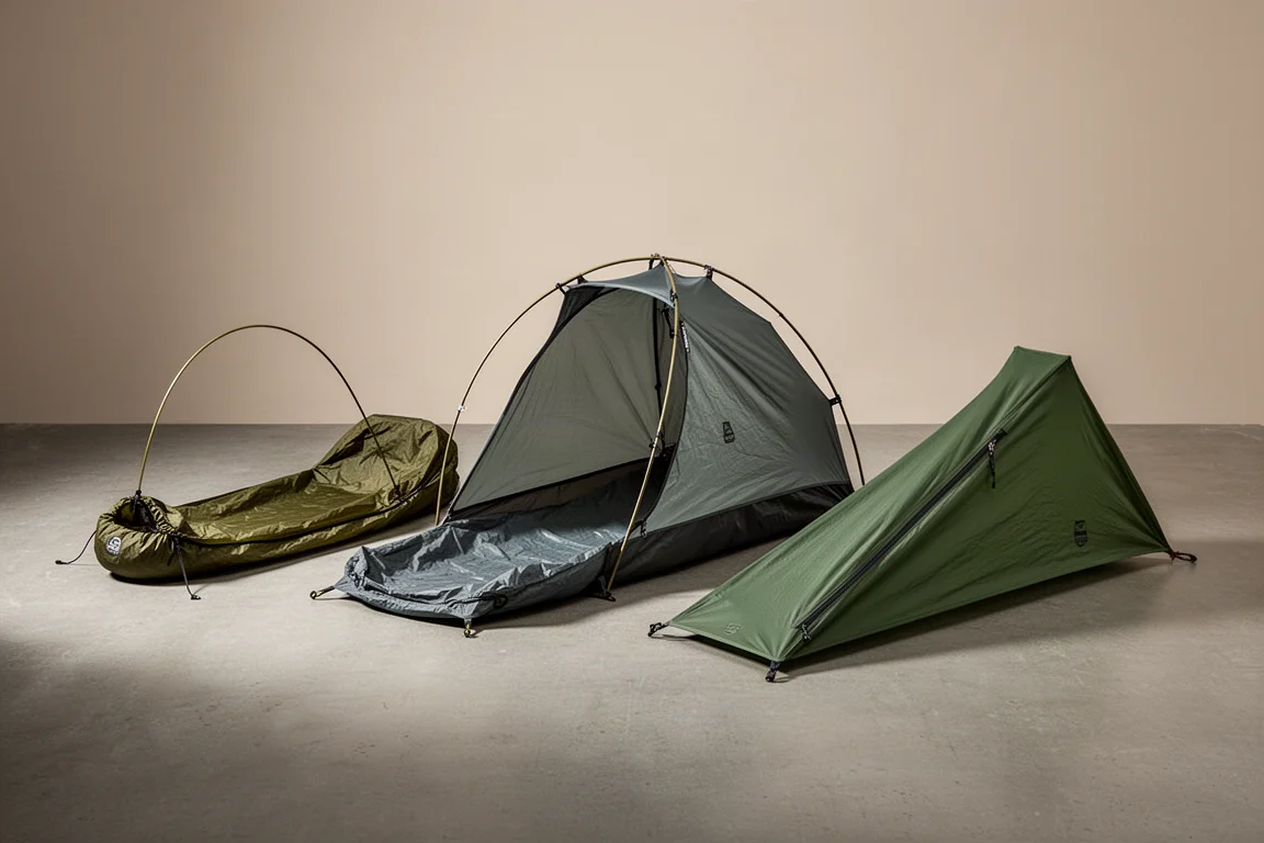 Three compact bivy shelters arranged side by side on a neutral studio surface