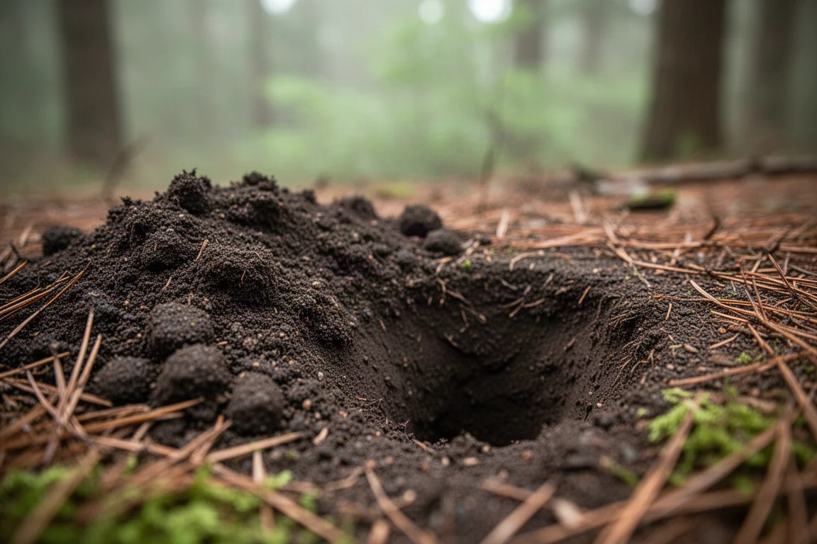 Agujero recién cavado en tierra oscura de bosque rodeado de agujas de pino y musgo