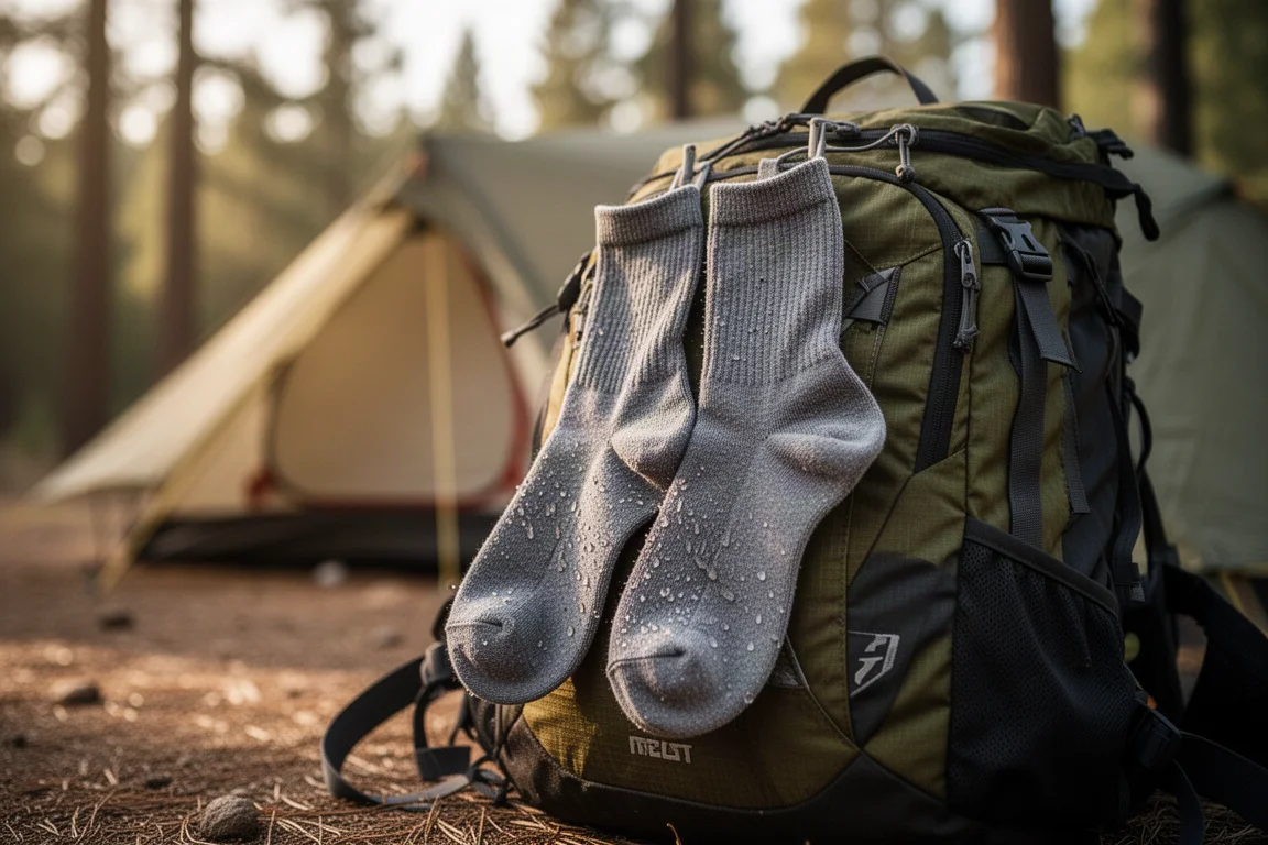 Calcetines de senderismo húmedos colgados para secar de una mochila en un campamento soleado