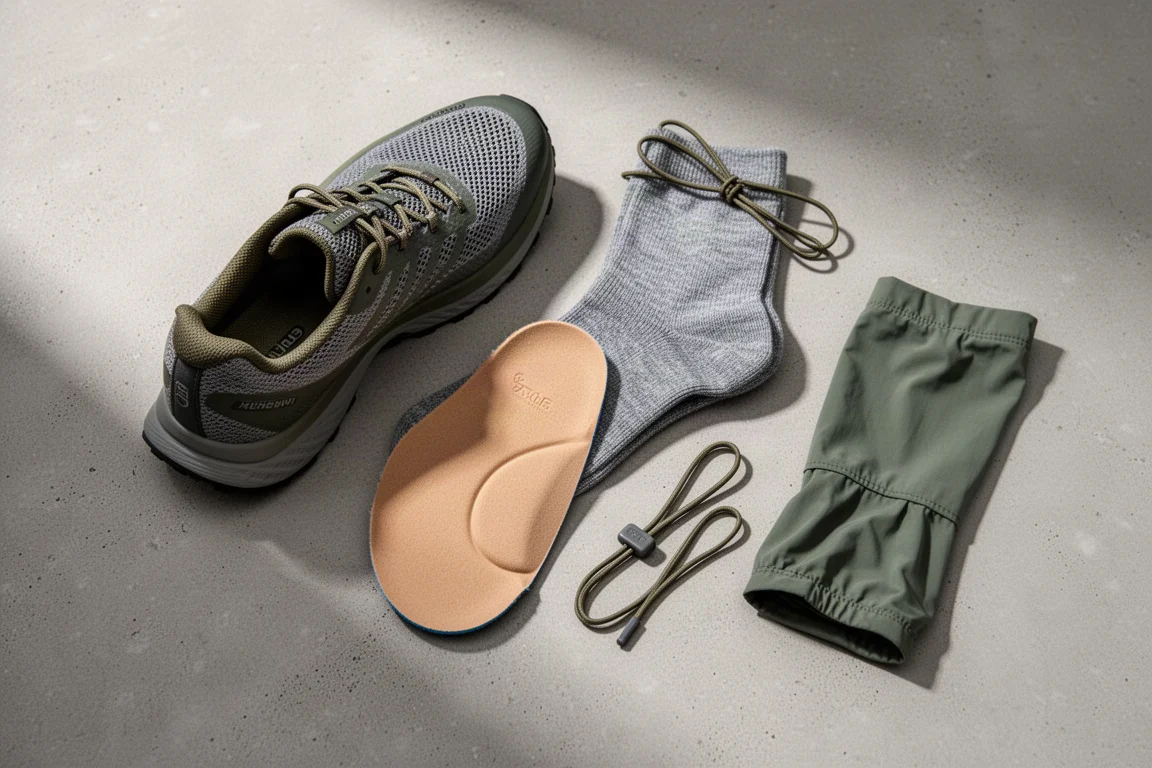 Flat lay di scarpa da trail running, calze in merino, plantare, lacci elastici e ghette su cemento