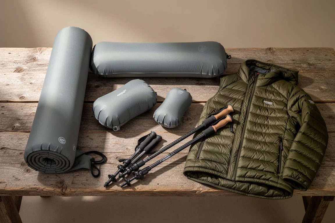 Flat-lay dall'alto dell'attrezzatura per thru-hiking con materassino, cuscini, bastoncini in carbonio e giacca in piuma