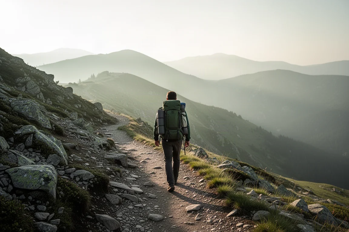 Wanderer läuft im Morgenlicht mit beladenem rahmenlosem Rucksack auf einem steinigen Langstrecken-Trail