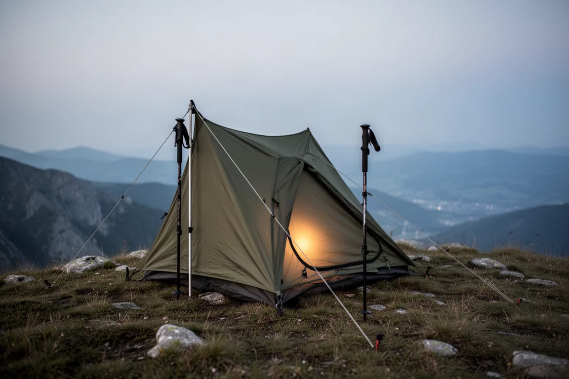Leichtes Trekkingstock-Zelt auf einem grasbewachsenen Grat in der Abenddämmerung aufgeschlagen