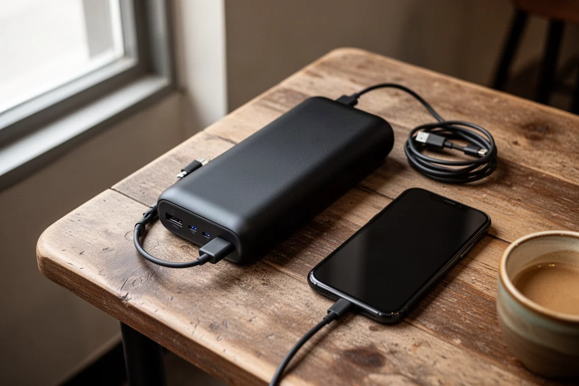 Große Powerbank, aufgerolltes Kabel und Smartphone auf einem abgenutzten Holz-Cafétisch