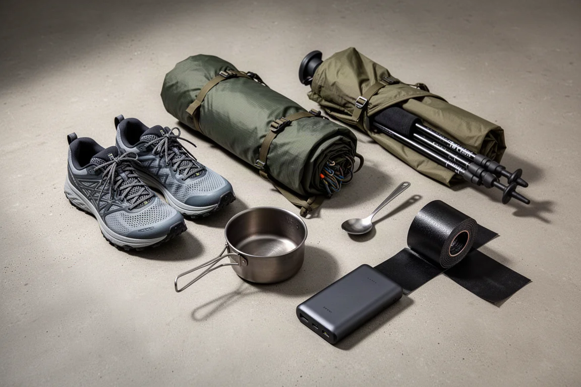 Disposizione dall'alto dell'attrezzatura per il thru-hiking, tra cui scarpe da trail, zaino, riparo e set da cucina