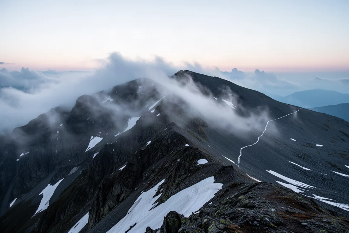 Cresta alpina alta al amanecer con parches de nieve y nubes bajas