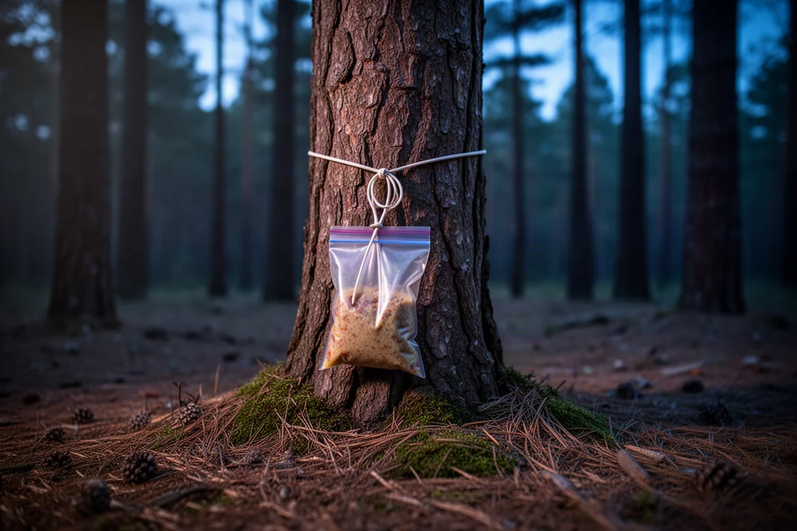 Bolsa de almacenamiento de comida atada a un tronco de pino al atardecer en un bosque