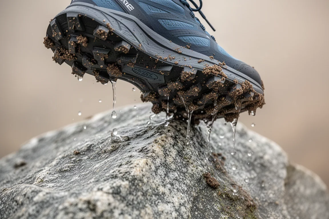 Suela de zapatilla de trail running agarrándose a roca de granito húmeda en primer plano
