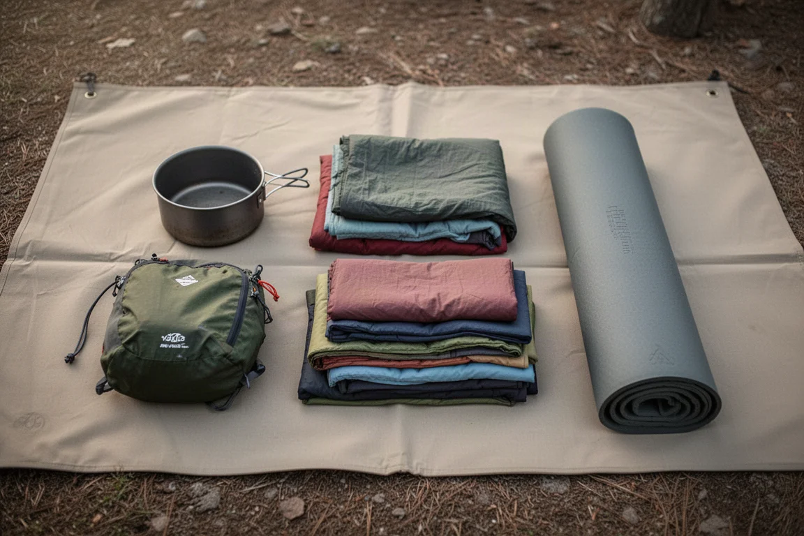Vista cenital de equipo de mochilismo ultraligero dispuesto en el campamento