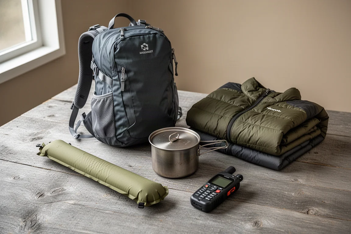 Ultralight backpacking gear arranged on a wooden surface for a thru-hiking gear guide