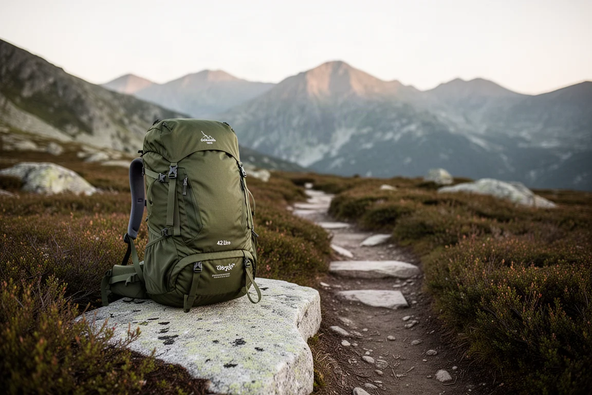 Olive green hiking backpack resting on granite rock beside a mountain trail