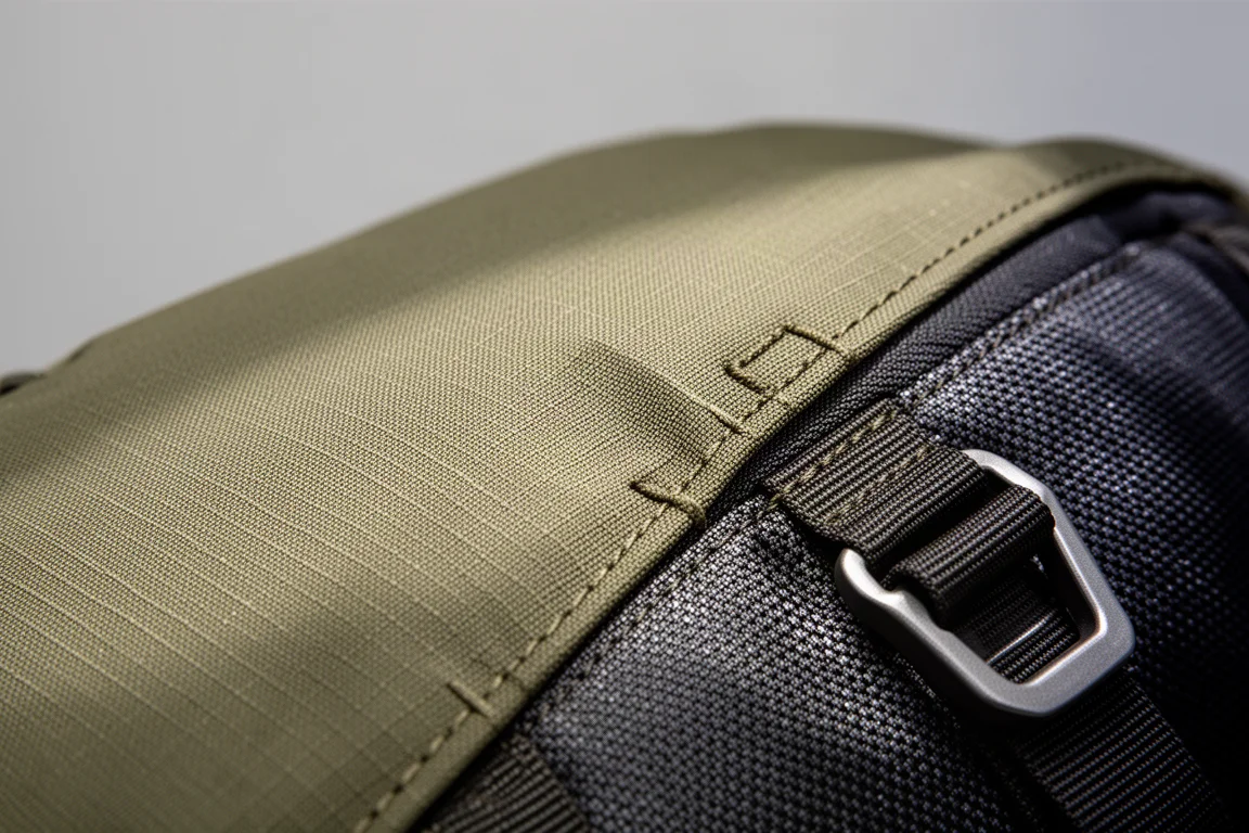 Close-up of durable backpack fabric and reinforced base panel with stitching