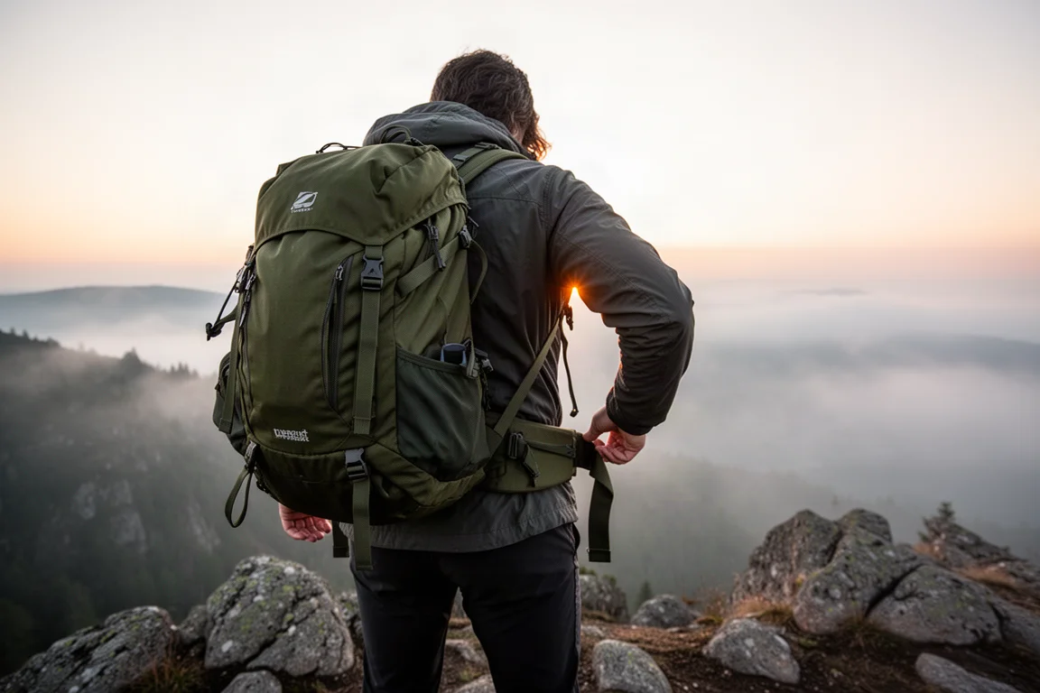 Hiker adjusting a loaded backpack hip belt on a ridge at sunrise