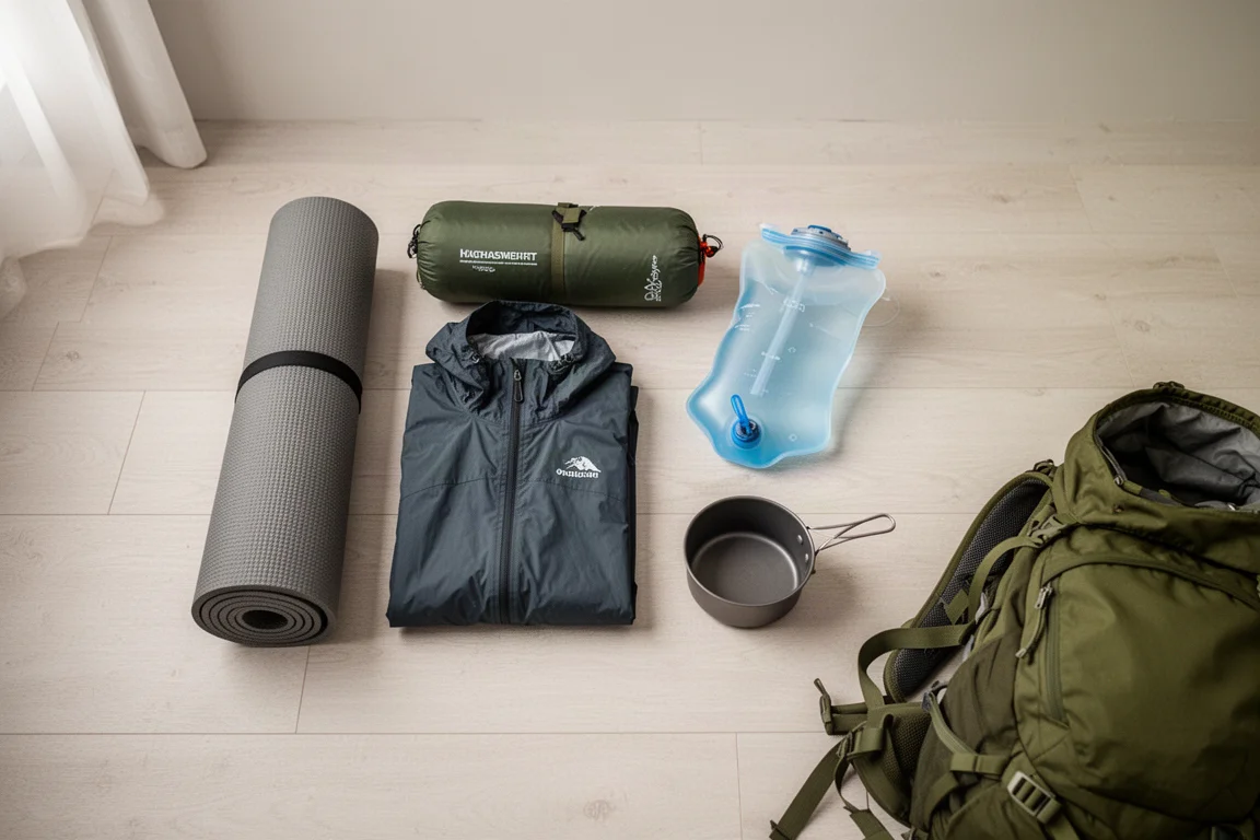 Backpacking gear laid out on a wooden floor before packing a rucksack