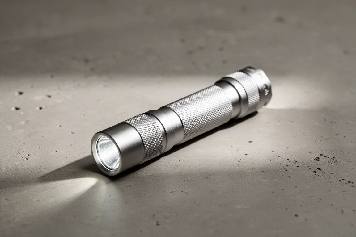 Lampe de poche AA fine en aluminium posée sur un bureau sous une lumière douce de fenêtre