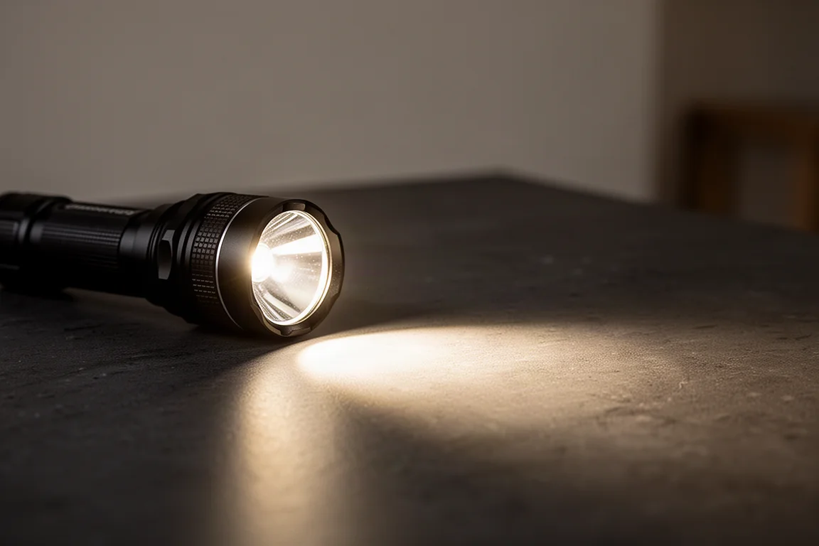 Faisceau de la lampe projetant un pool de lumière homogène sur une surface sombre