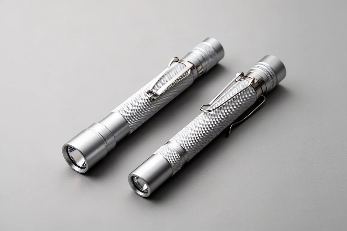 Deux lampes de poche compactes côte à côte pour comparaison de taille sur une surface neutre
