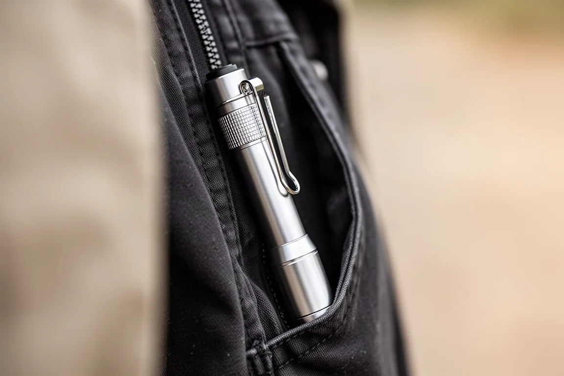 Lampe de poche clipée dans la poche d'une veste avec une partie du corps qui dépasse
