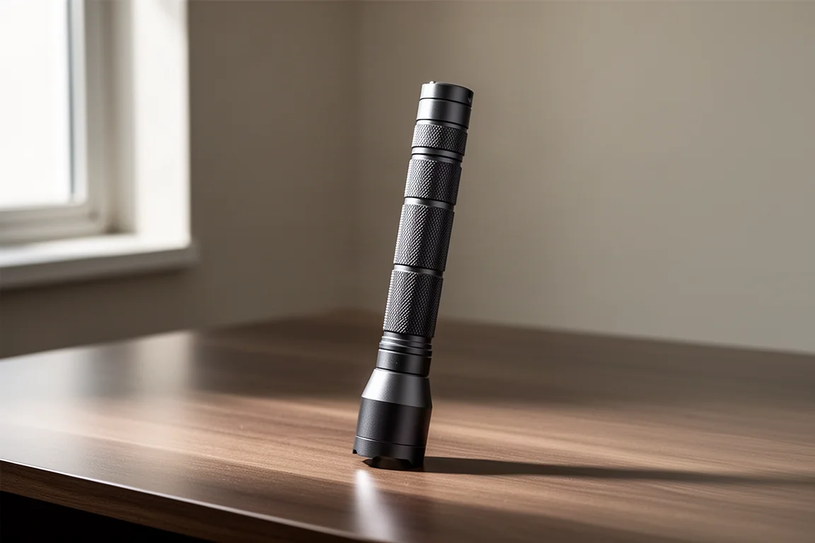 Torcia AA snella in alluminio in piedi su una scrivania di legno in luce soffusa