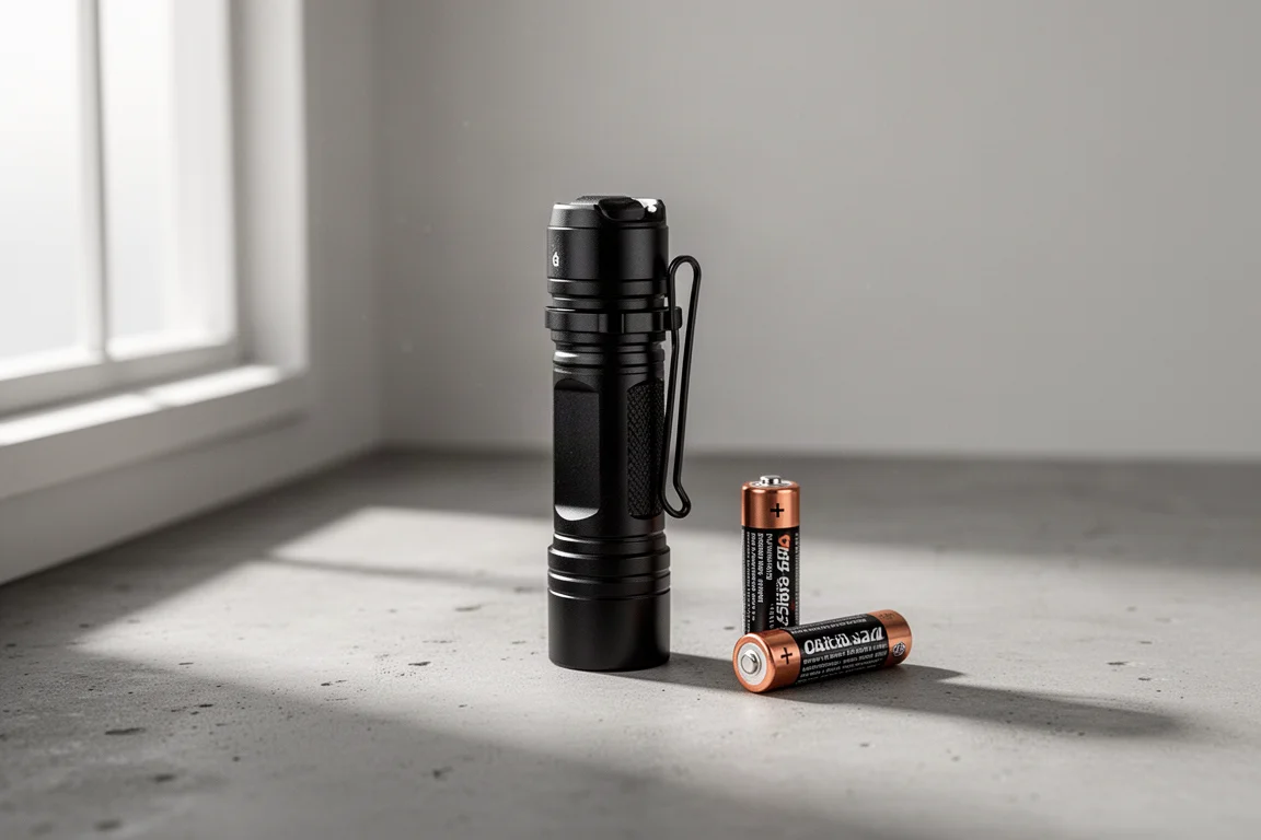 Compact black EDC flashlight next to a AAA battery on concrete