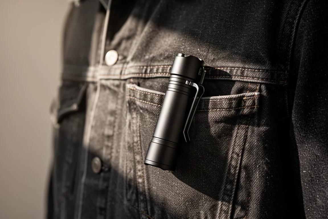 Lampe de poche EDC compacte accrochée à la poche d'un jean