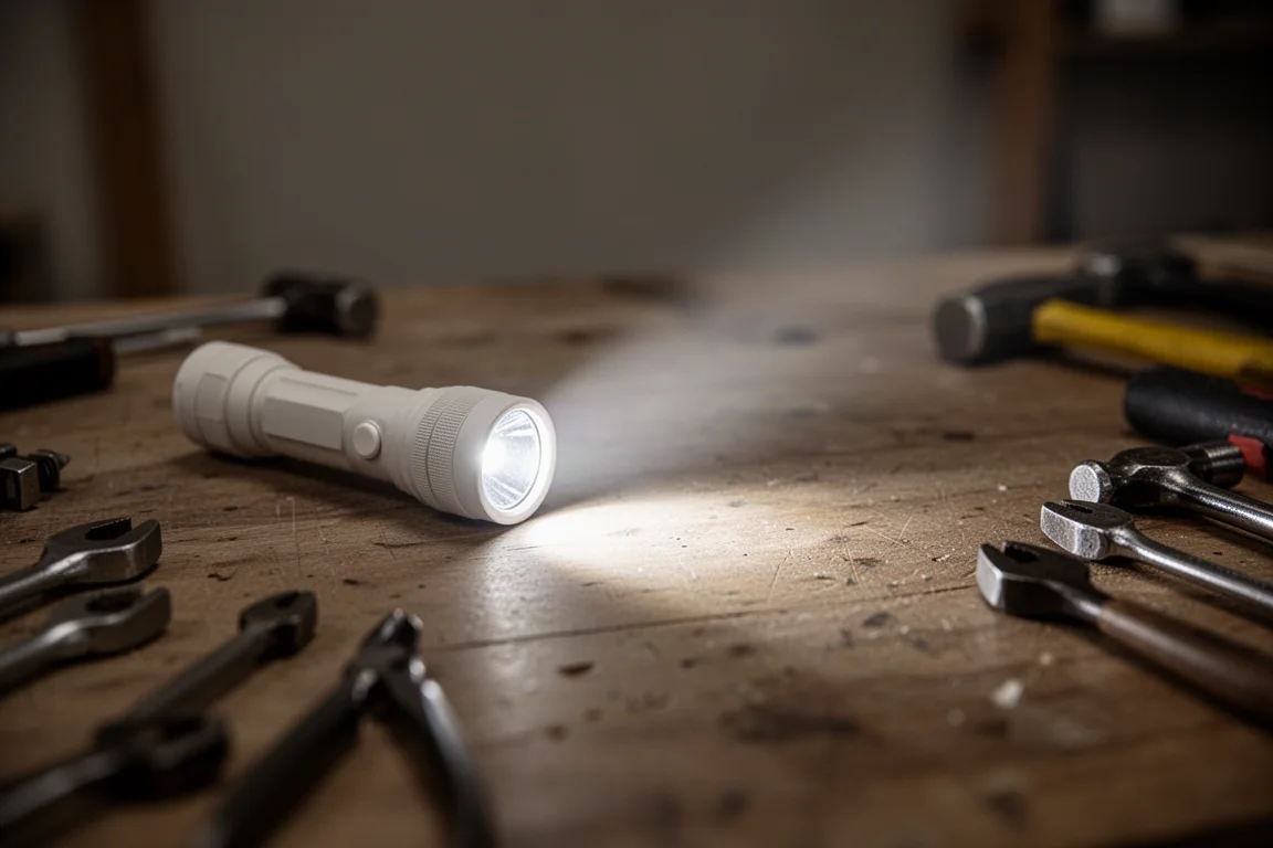 Faisceau de la lampe montrant un flux doux avec un petit point chaud central sur un établi
