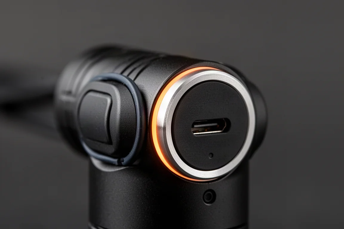 Gros plan sur l'anneau indicateur de batterie brillant en orange près de la tête de la lampe