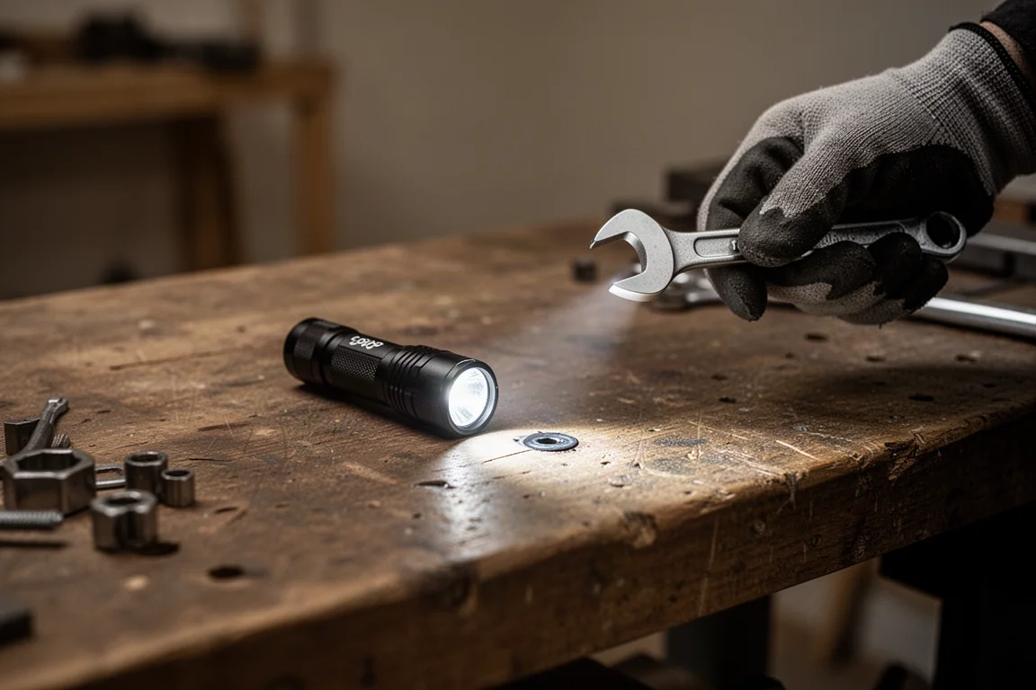 Petite lampe posée sur un établi encombré tandis qu'une main tient une clé