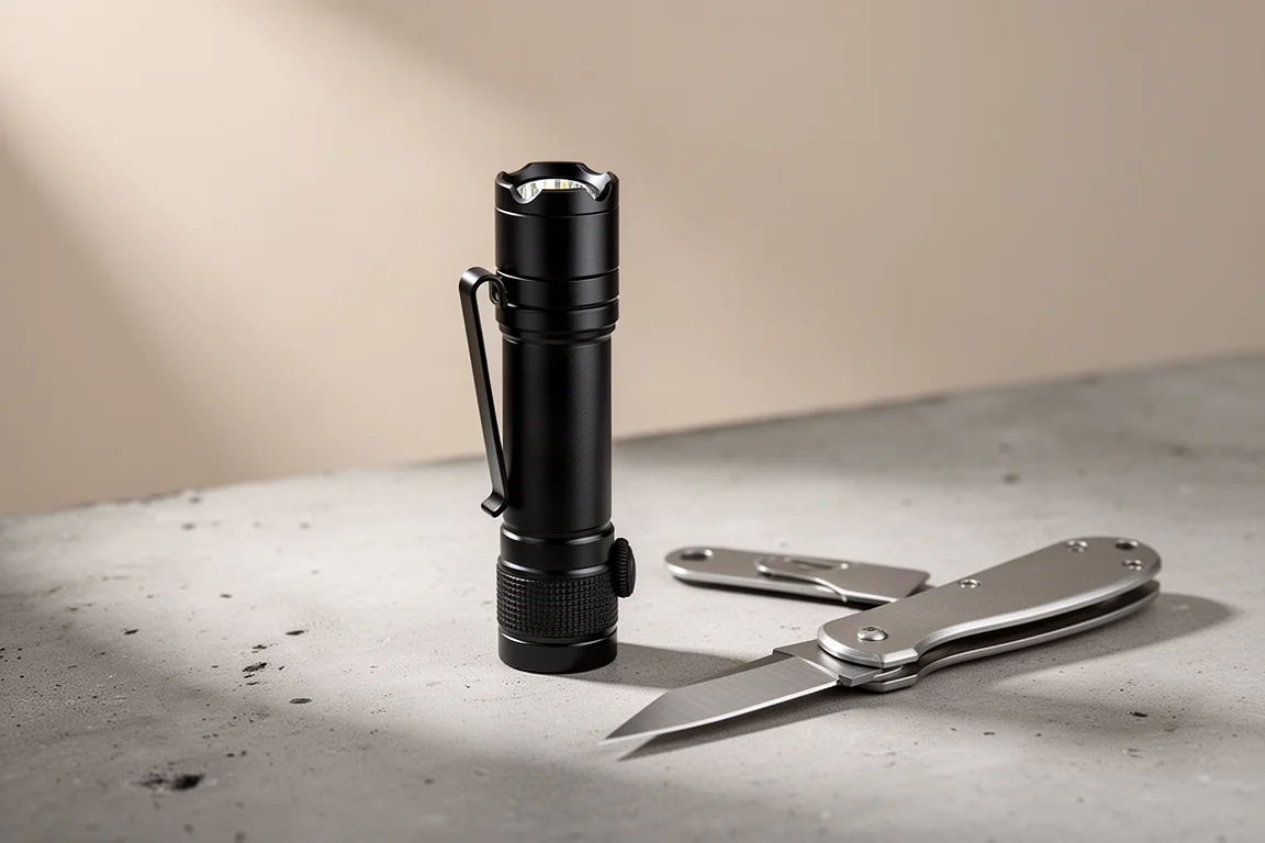 Compact black everyday carry flashlight on a concrete surface